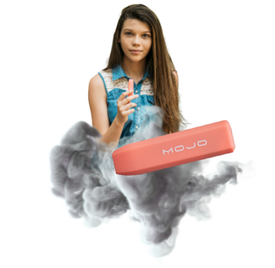 Girl holding vape and vape pen surrounded by smoke