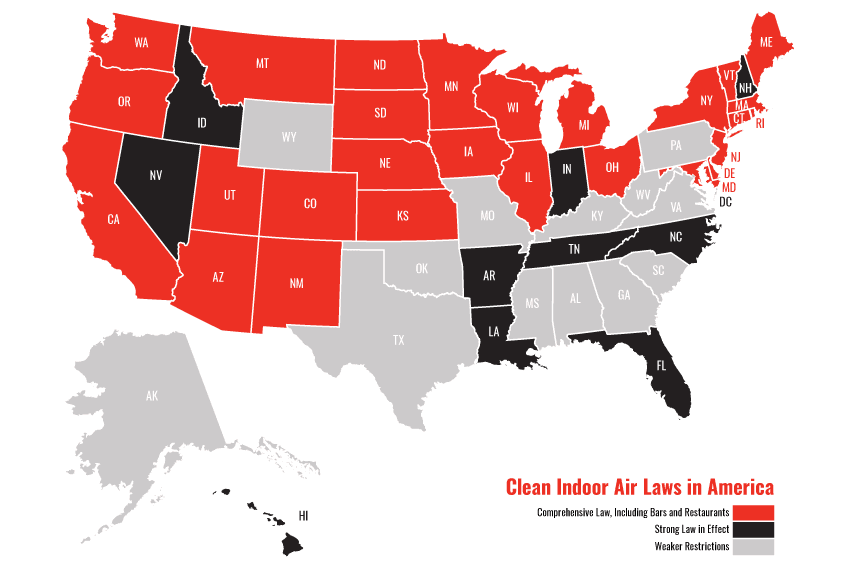 States with 100% Smokefree Indoor Air laws for bars, restaurants, and worksites