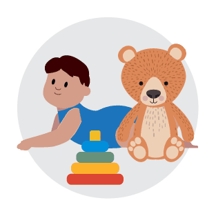 Cartoon drawing of a baby and teddy bear