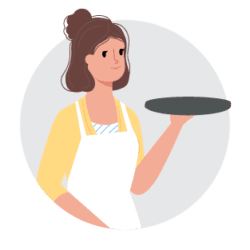 Cartoon drawing of a woman holding a pizza pan