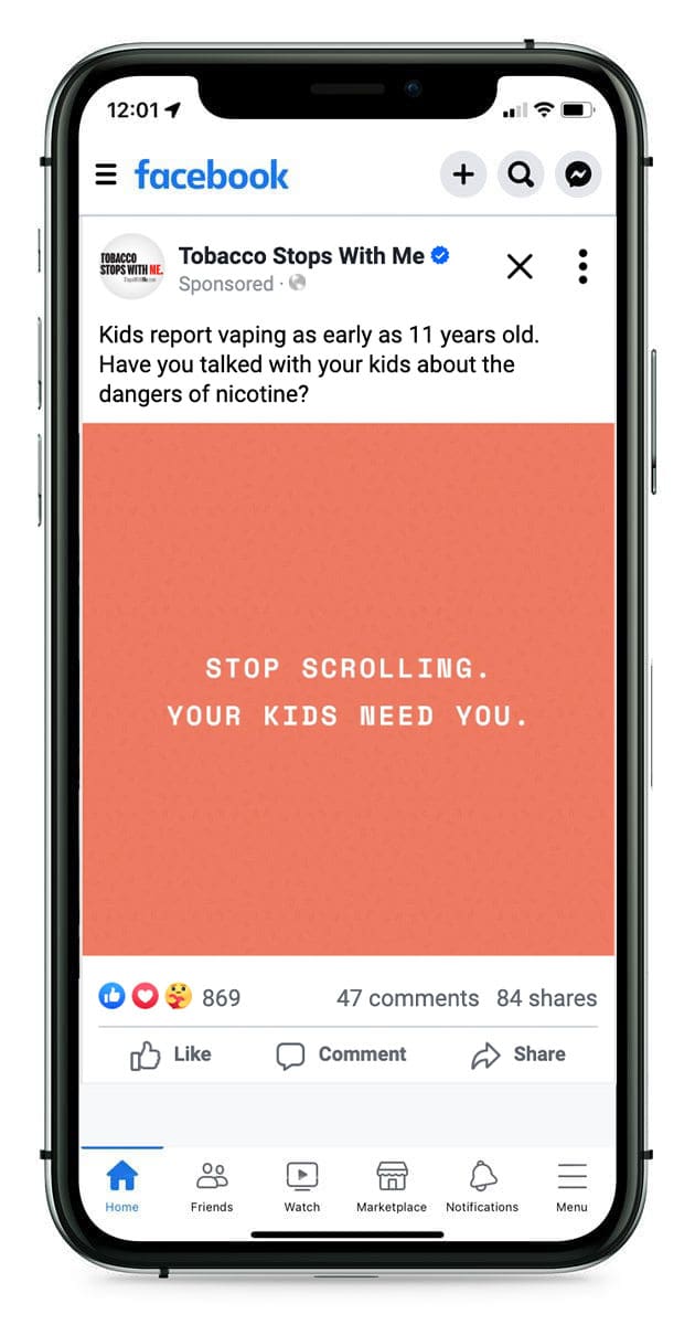 Tobacco stops with me "stop scrolling. your kids need you." social media post.