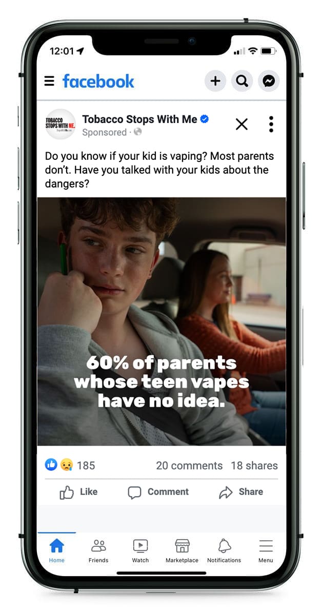 Talk about tobacco "60% of parents whose teen vapes have no idea" social media post.