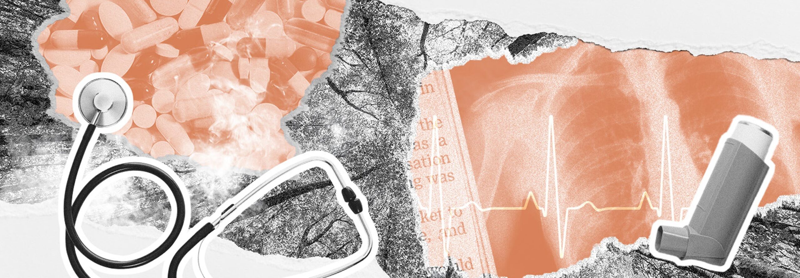 Health Header Collage - heart and stethoscope and medications