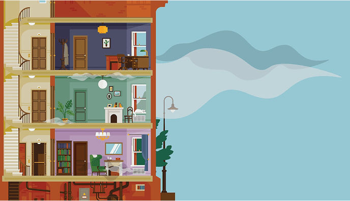 Illustrator of Apartment building and secondhand smoke traveling between units