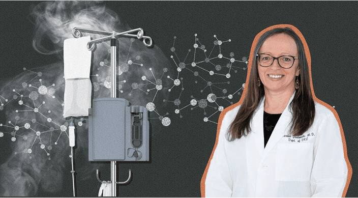 Doctor with chemicals, smoke, and IV in background