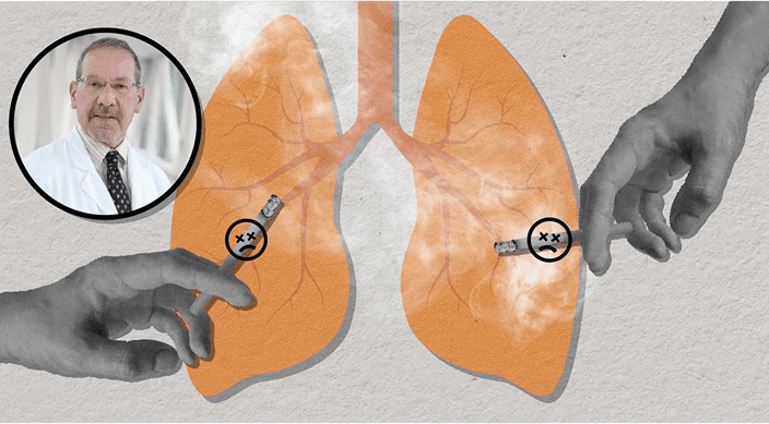 Doctor with graphic of hands holding cigarettes and sad faces with lungs in the background