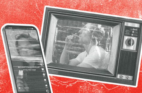TV screen with examples of smoking in media on red background