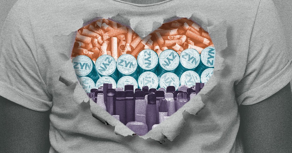 Tshirt torn open in shape of heart with nicotine and tobacco products within it