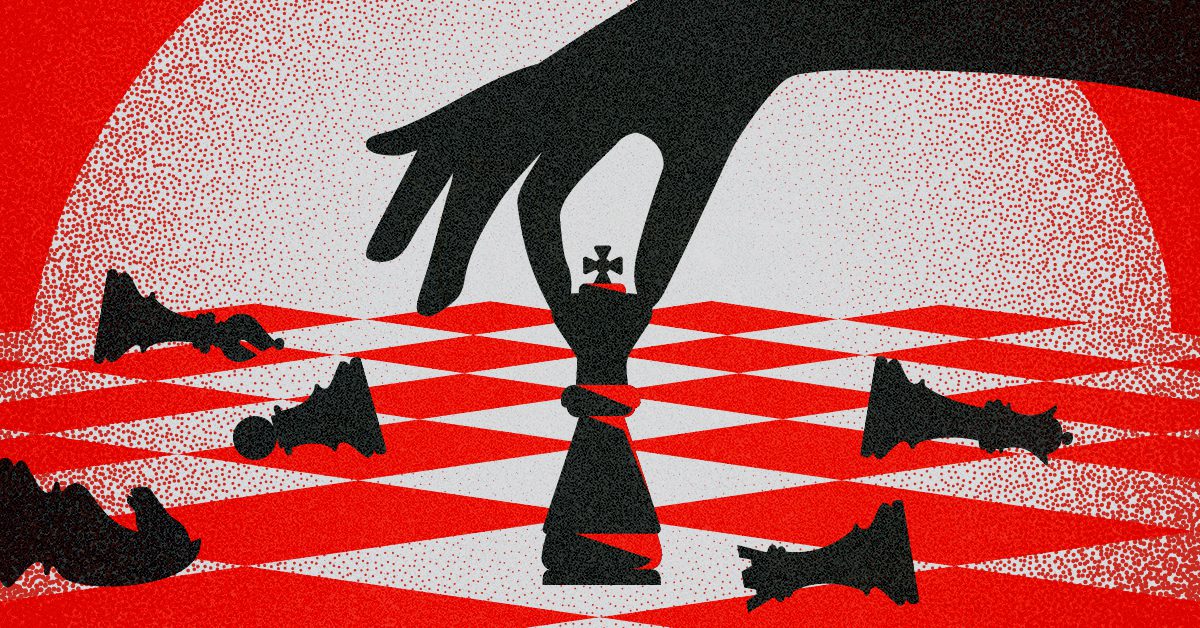 A silhouetted hand moves a chess king across a red and black checkered board, surrounded by fallen pieces — illustrating Big Tobacco's calculated strategy to control the game.