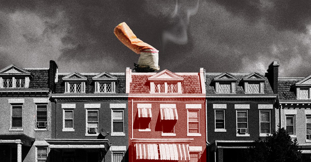 A collage-style graphic showing a row of gray brick townhouses, with one center building highlighted in red. A large cigarette butt is positioned on top of it, with smoke rising into a dark, cloudy sky.