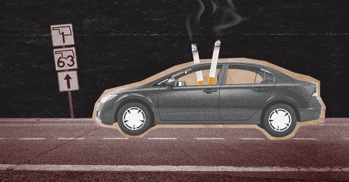 A collage-style graphic of a gray sedan on a dark road, with two lit cigarettes sticking out from the top of the car, smoke rising into a black background. An Oklahoma state route sign is visible to the left.