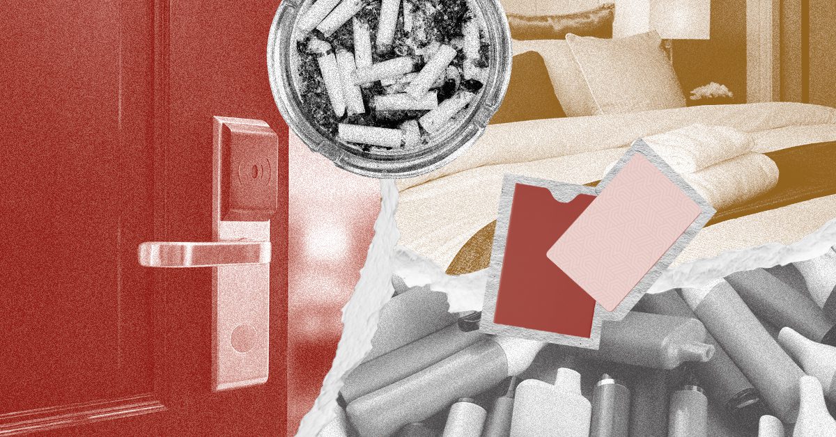 A collage-style graphic combining a red hotel room door with a keycard handle, a hotel room interior with a couch and lamp in warm gold tones, a glass ashtray overflowing with cigarette butts, and scattered cigarette butts at the bottom with a red hotel keycard among them.