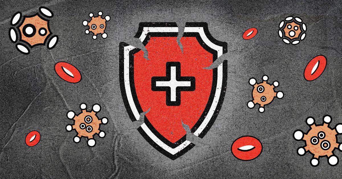 A illustrated graphic on a dark grunge background showing a cracked red medical shield with a white cross, surrounded by cartoon virus particles and red blood cells, symbolizing a compromised immune system.