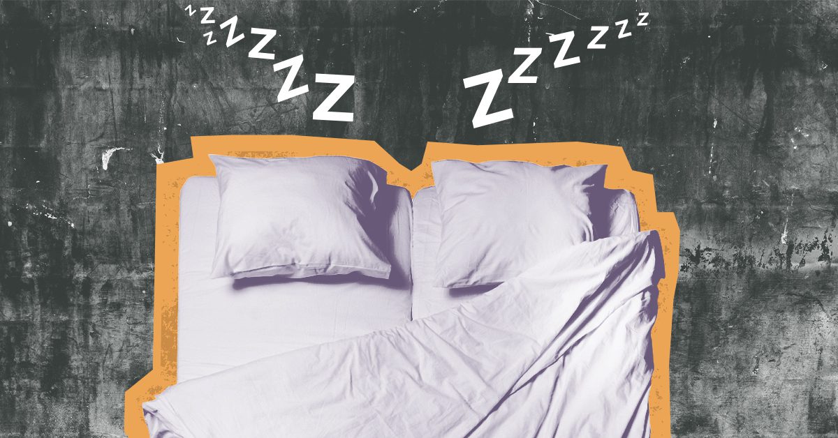 An overhead view of a rumpled, unmade bed with two pillows against a dark textured background, with "ZZZ" lettering floating above, representing disrupted or poor-quality sleep.