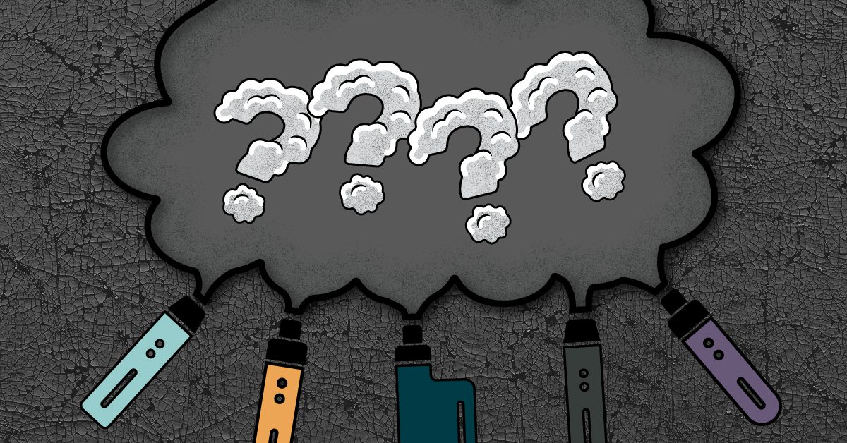 An illustration of five colorful vape devices emitting a large dark cloud of vapor filled with three question marks made of smoke, suggesting uncertainty about what is contained in vape aerosol.