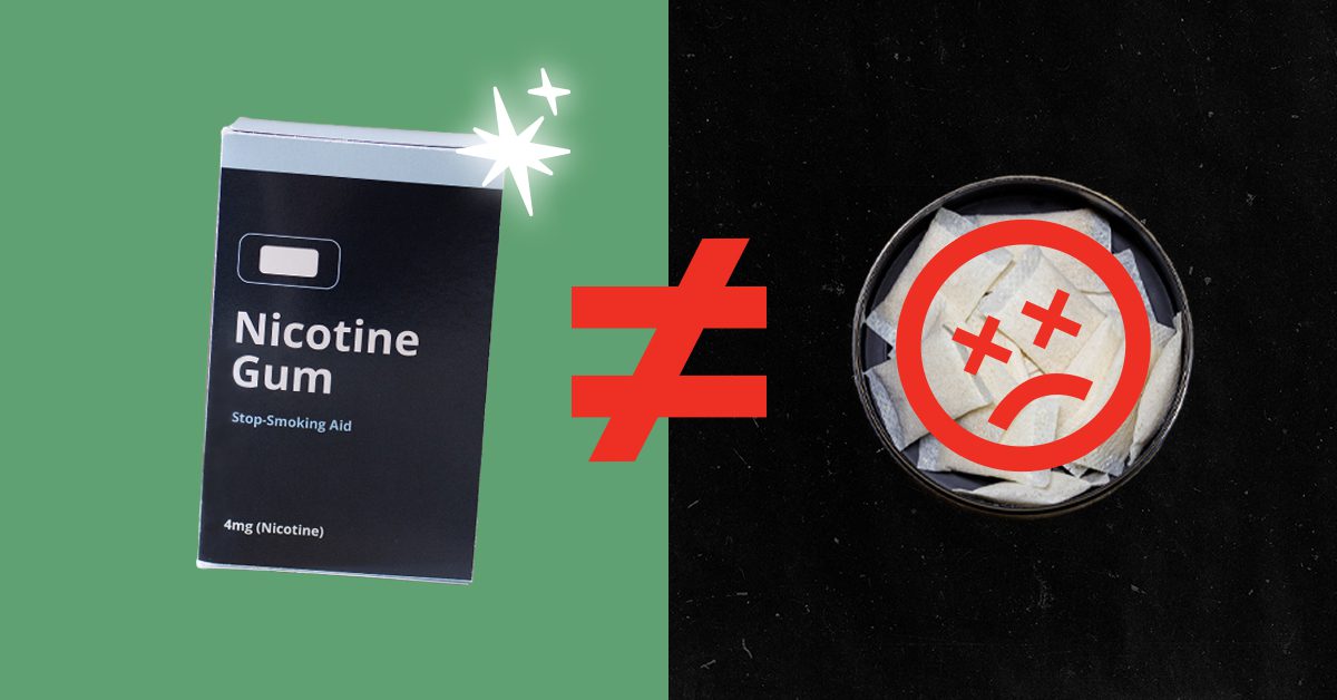 A split graphic comparing nicotine gum and chewing tobacco — on the left, a box of nicotine gum labeled as a stop-smoking aid on a green background with a sparkling effect, and on the right, a tin of chewing tobacco with a red sad face icon overlaid, separated by a large red not-equal sign.