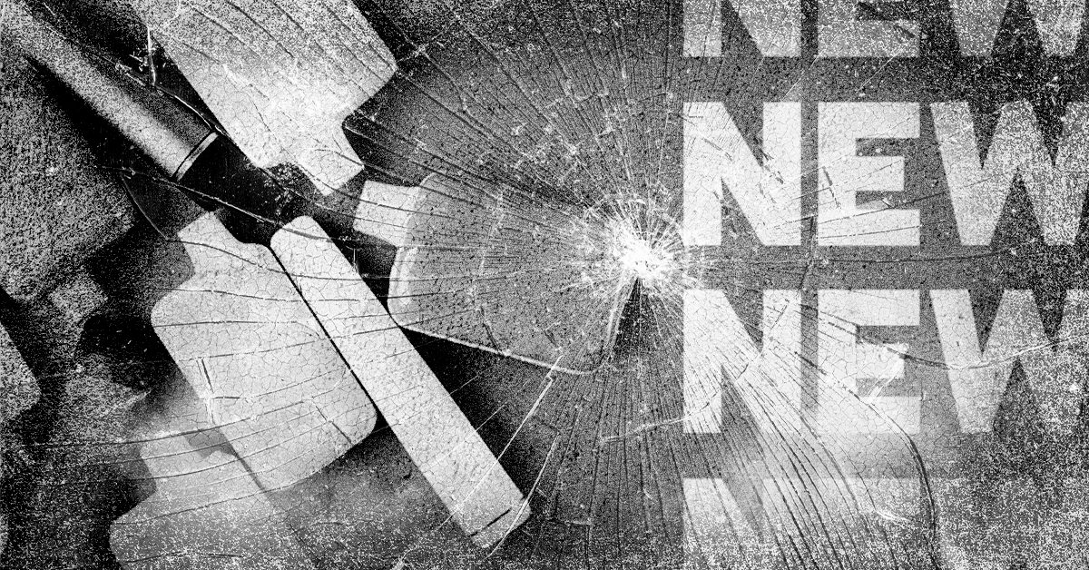 A black and white grungy graphic showing a cracked and shattered surface with a vape device on the left and the word NEW repeated on the right, suggesting skepticism toward new tobacco and nicotine products.