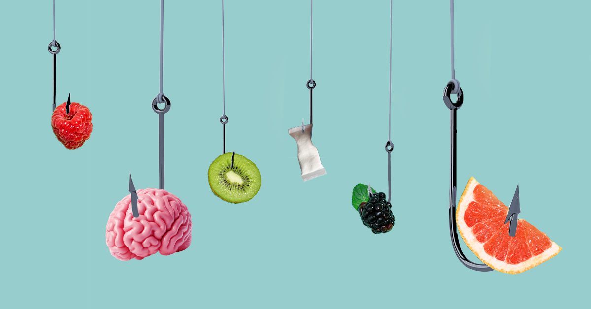 A teal background with six fishing hooks hanging from above, each holding a different item: a raspberry, a pink brain, a kiwi slice, a pouch of nicotine, a blackberry, and a grapefruit slice.