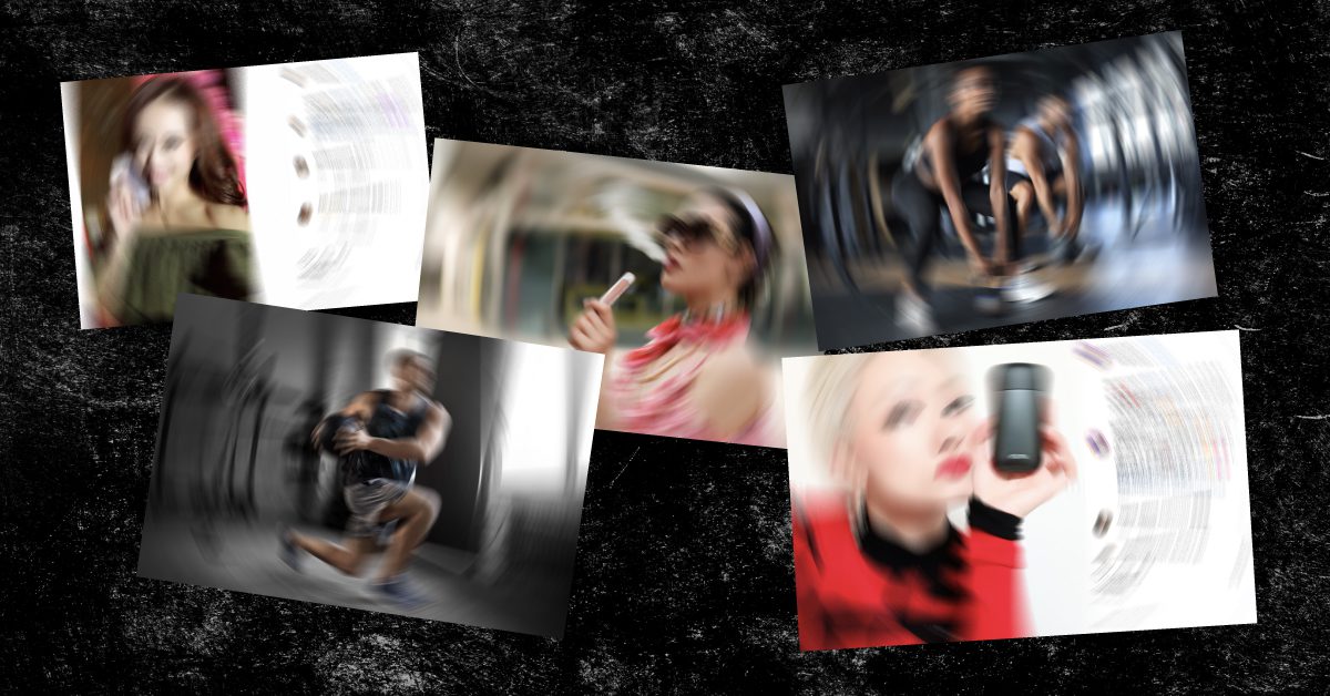 Collage of blurred, motion-distorted images showing people vaping, using a nicotine pouch container, and exercising, overlaid on a dark background — visually representing the disorienting hype around nicotine biohacking.