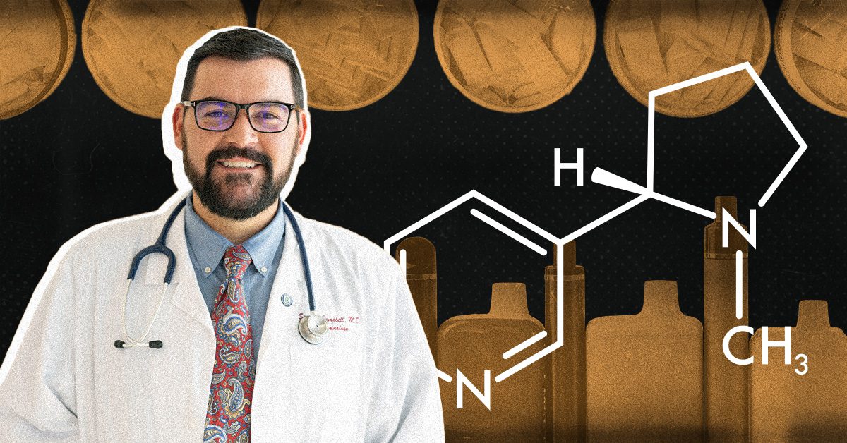 Dr. Spencer Campbell in a white coat and stethoscope, with the nicotine molecule diagrammed beside him.