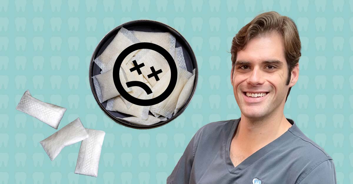 A smiling dental professional in gray scrubs beside an open tin of nicotine pouches with a dizzy, frowning face icon over it.