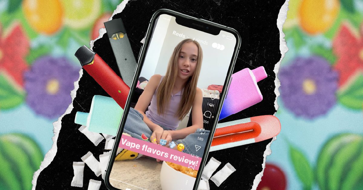 A phone screen showing a teen girl recording a "Vape flavors review!" social video, surrounded by brightly colored vapes and nicotine pouch tins on a torn-paper fruit-candy background.