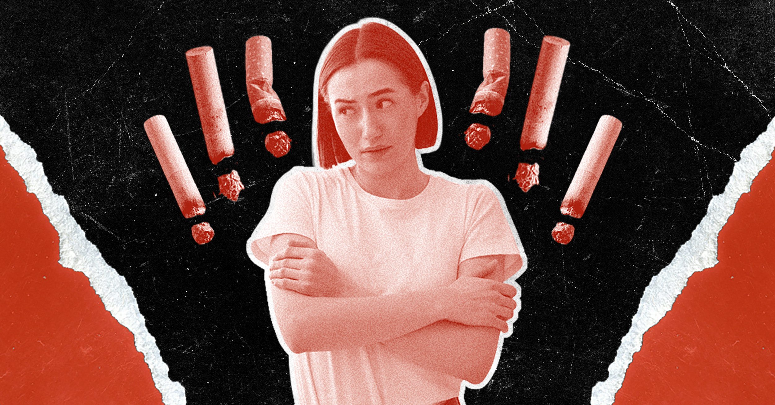 36394 TSWM SEO Content Blogs_Headers_Anxiety and Nicotine_F A woman stands with her arms crossed, looking away, framed by exclamation points made from crumpled cigarettes on a torn red and black background.