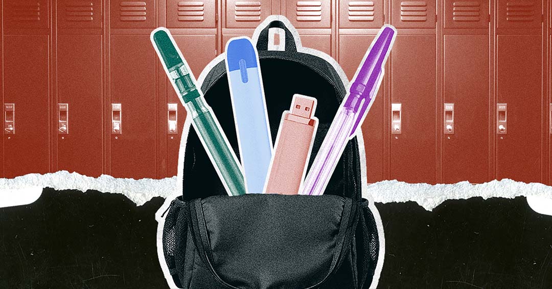 Collage of an open black backpack in front of red school lockers, with pen-shaped vapes, a USB-style device, and a pen sticking out.