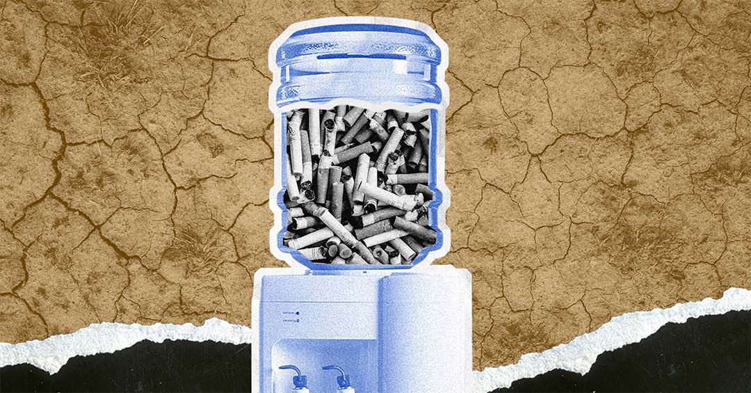 Collage of an office water cooler whose jug is packed with cigarette butts instead of water, set against dry, cracked earth.