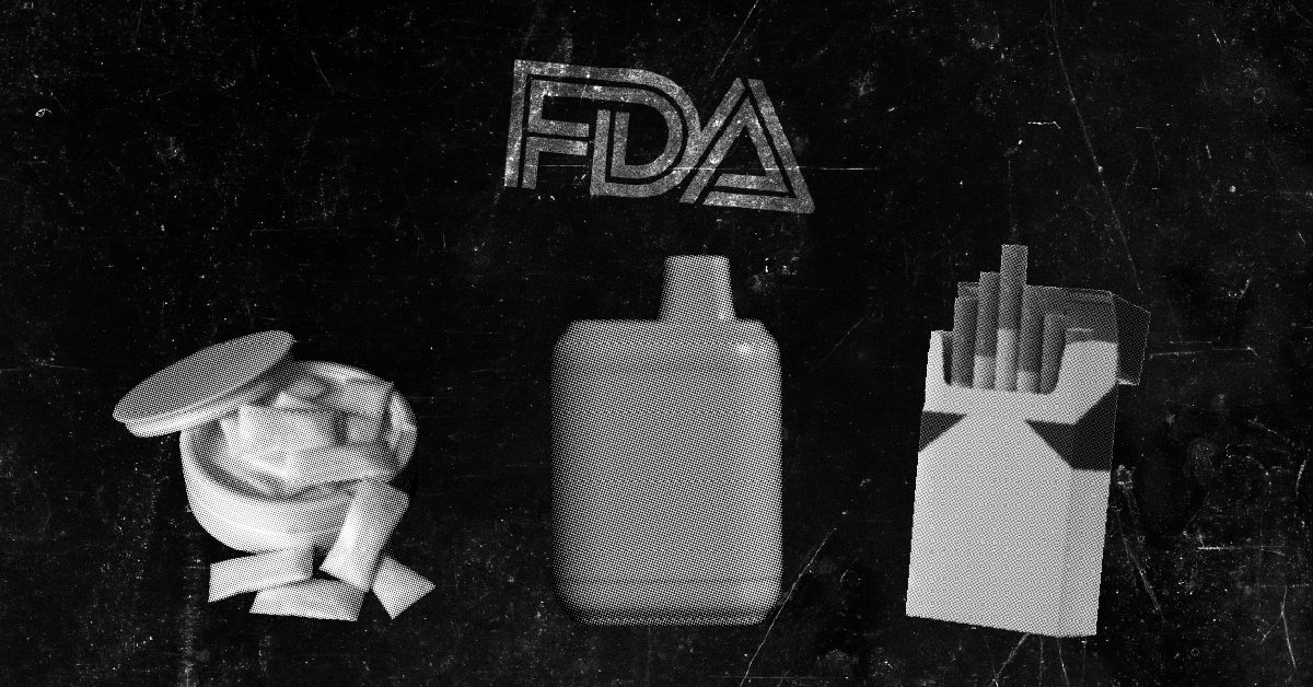 FDA logo above a container of nicotine pouches, a disposable vape, and an open pack of cigarettes.